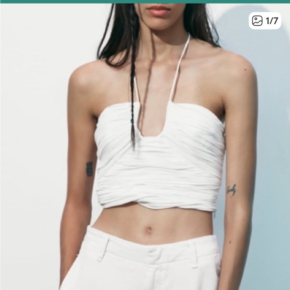 Zara Cream Ruched Bustier Halter Top, Medium - Picture 8 of 8